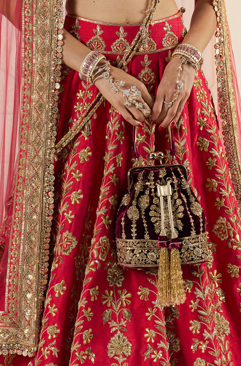 Red With Gold Zardozi Embroidered Lehenga Set