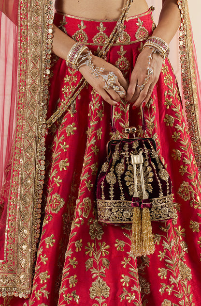 Red With Gold Zardozi Embroidered Lehenga Set
