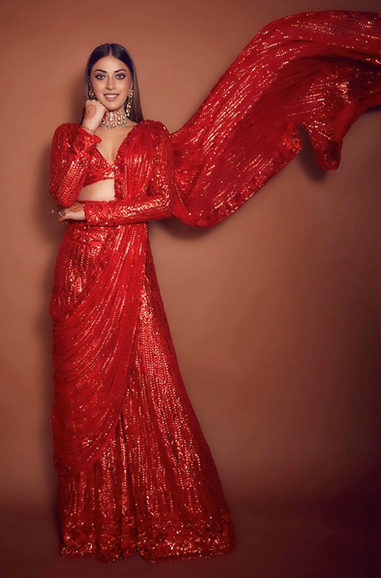 Bride: Anushka Ranjan in our Red Taban  Sharara Saree Set