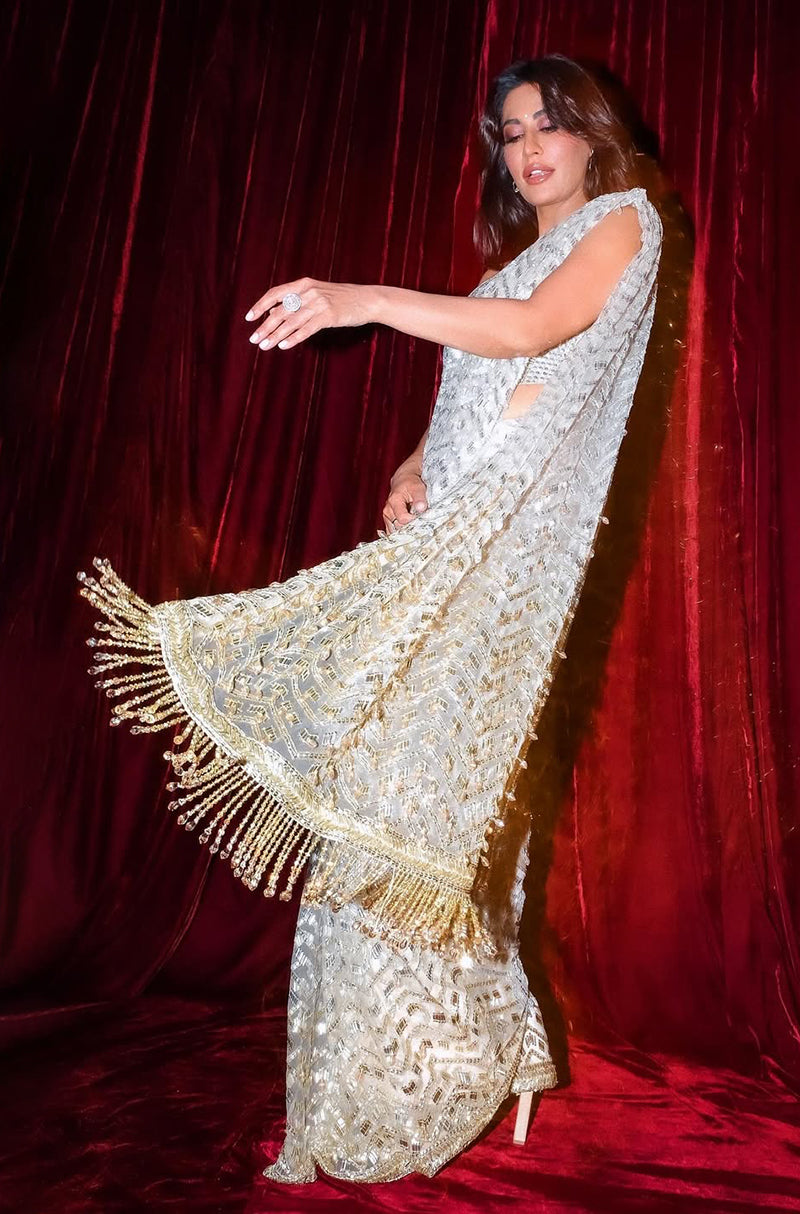 Chitrangada in our Oyster Crystal Taban Sequins Stitched Saree Set