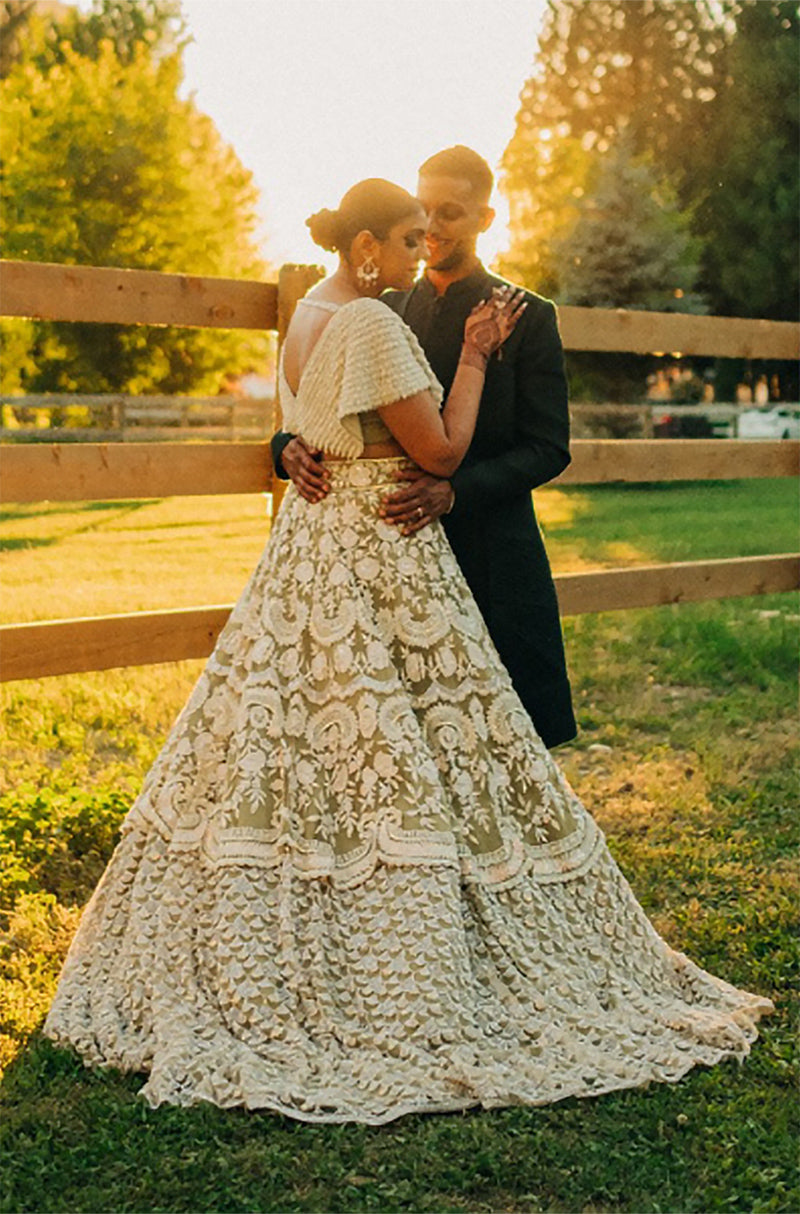 Bride: Sareen Takhar in Sage Green Kashmiri Lehenga Set