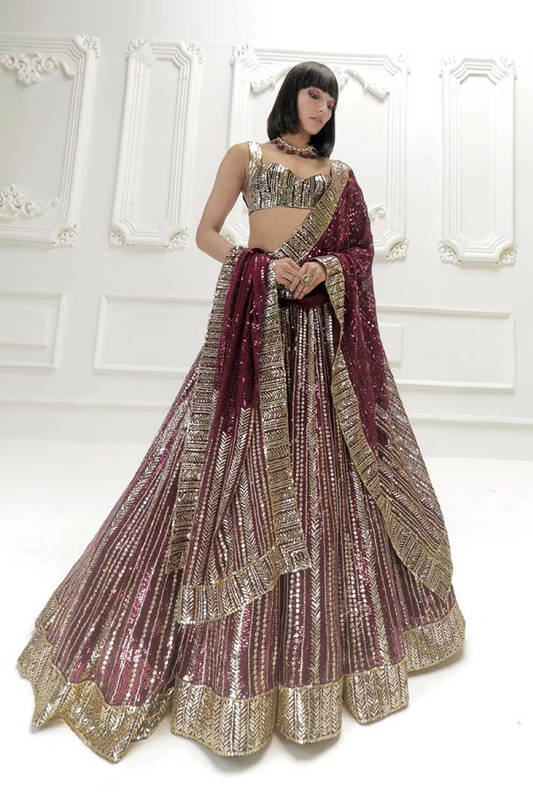 Wine Georgette Sequins Lehenga Set