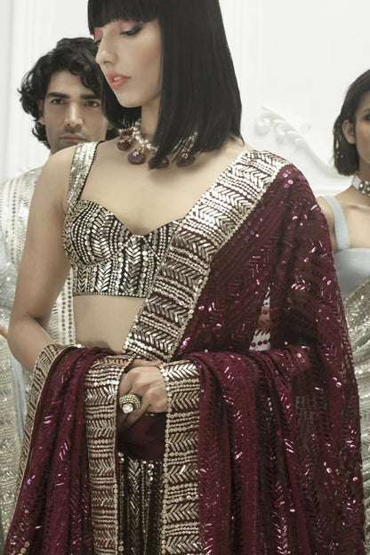 Wine Georgette Sequins Lehenga Set