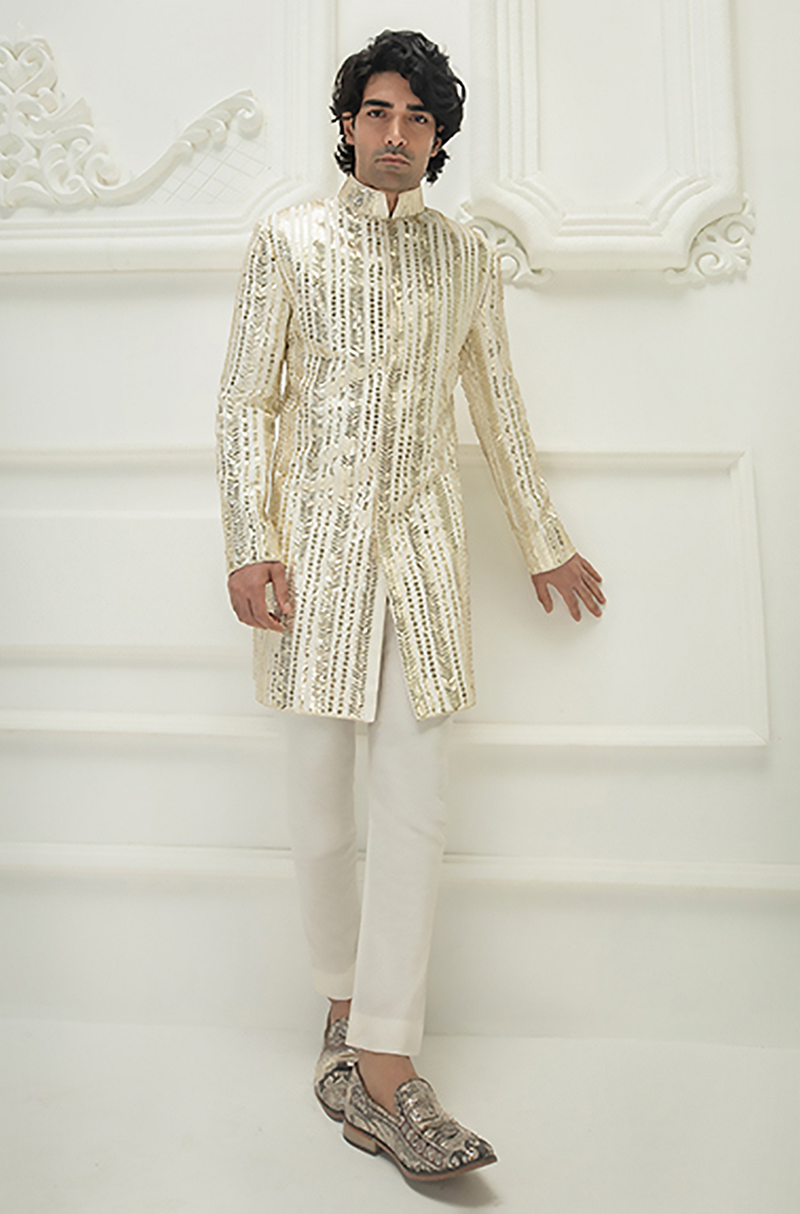 Ivory Sherwani Set with Gold Sequins Embroidery