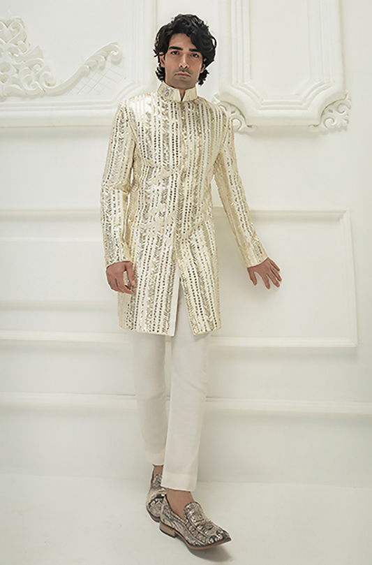 Ivory Sherwani Set with Gold Sequins Embroidery