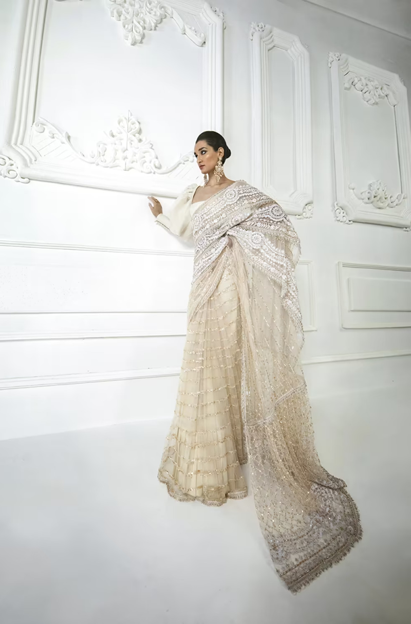 Ivory Net Kashmiri Embroidered Saree Set