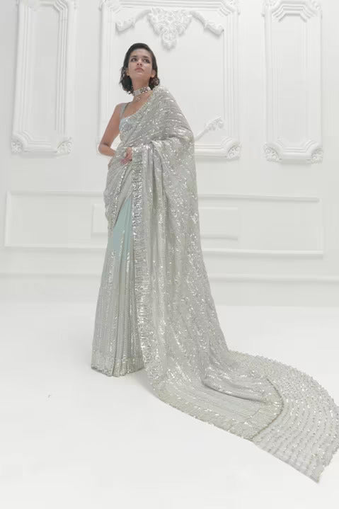 Powder Blue Chiffon Sequin Saree Set