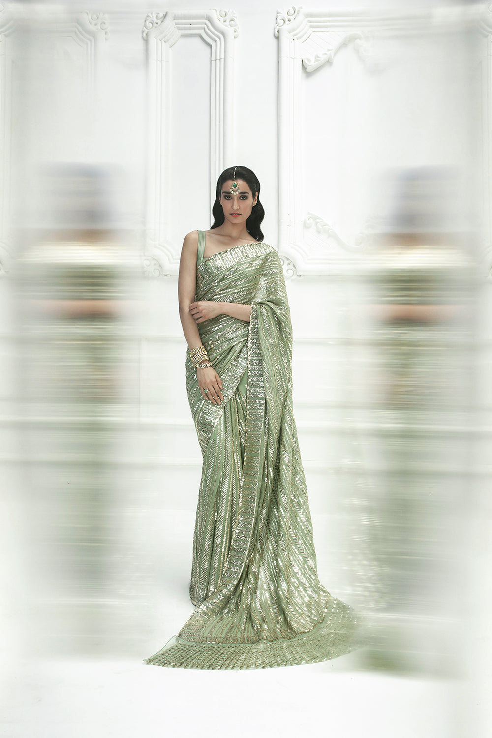 Moss Green Sequin Saree Set
