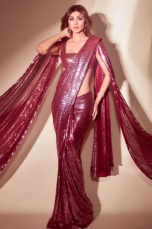 Shilpa Shetty in our Dark Wine Sequins Stitched Saree Set