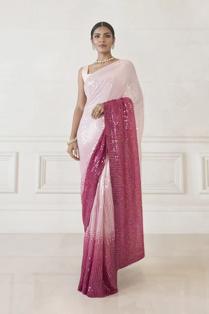 Salmon Pink Ombre Sequin Saree Set