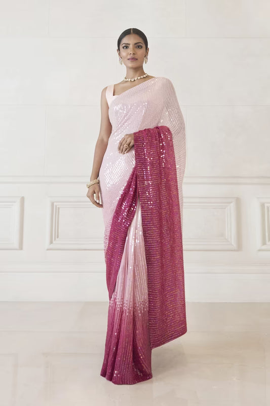 Salmon Pink Ombre Sequin Saree Set