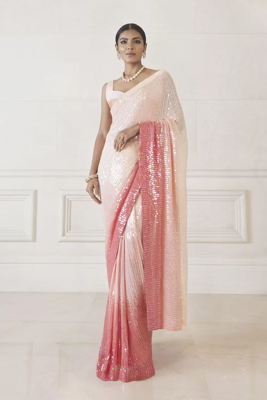Carnation Peach Ombré Sequin Saree Set