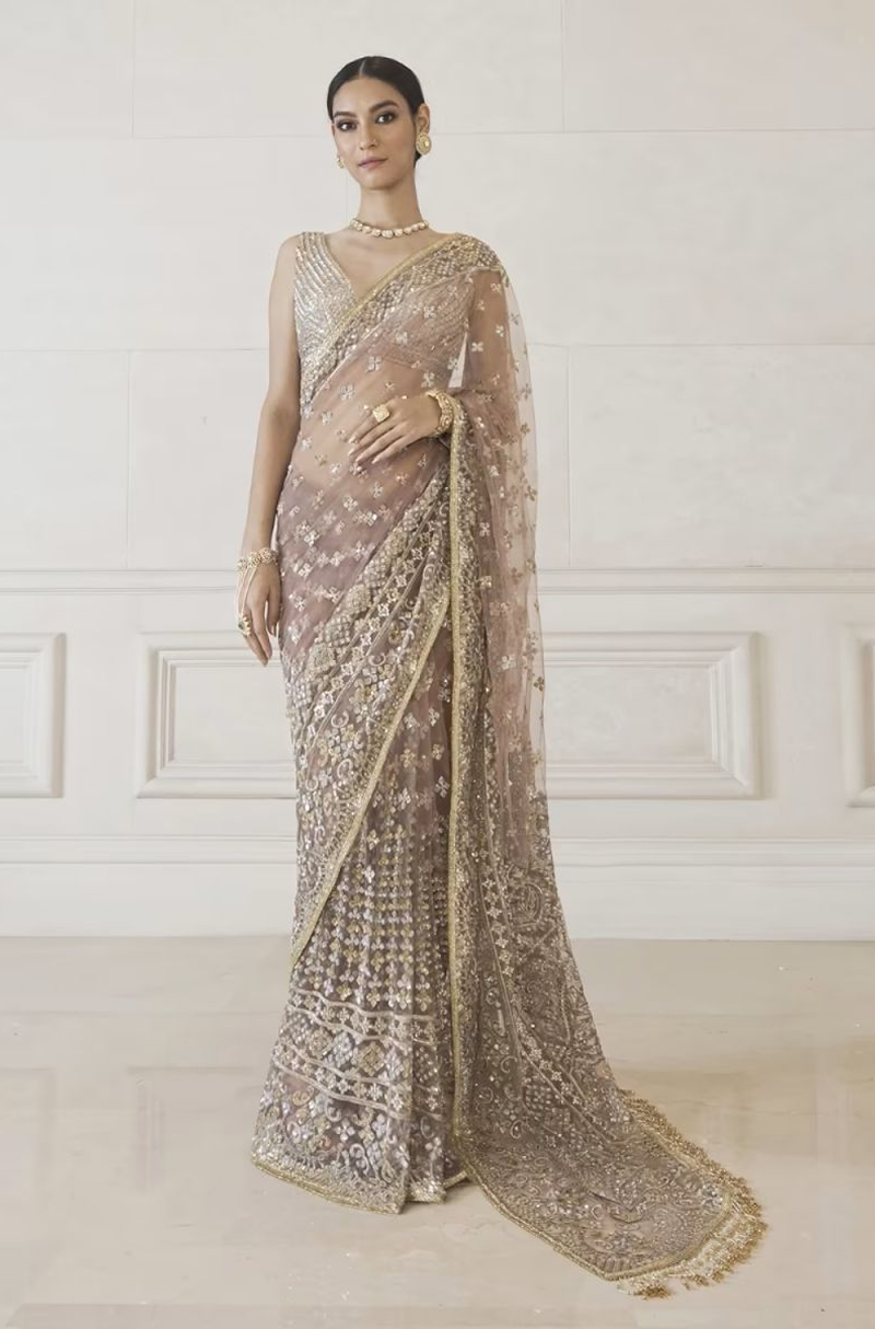 Fawn Tulle Embroidered Saree Set