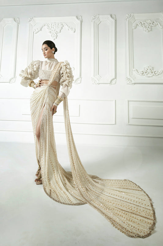 Ivory Chiffon Draped Saree Set