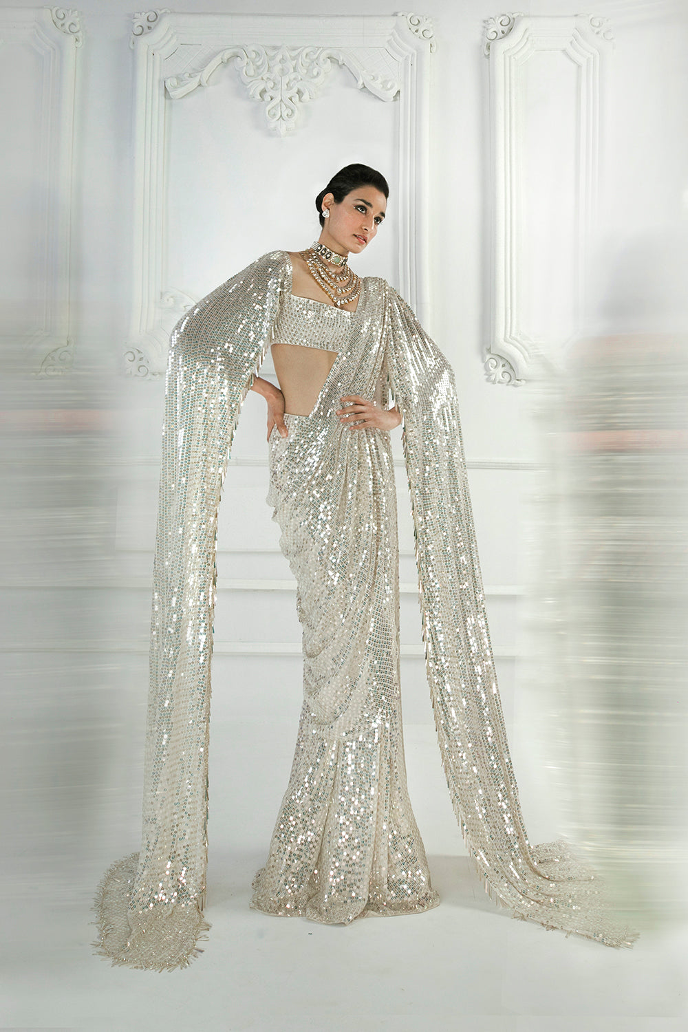 Ivory Sequin Draped Saree Set
