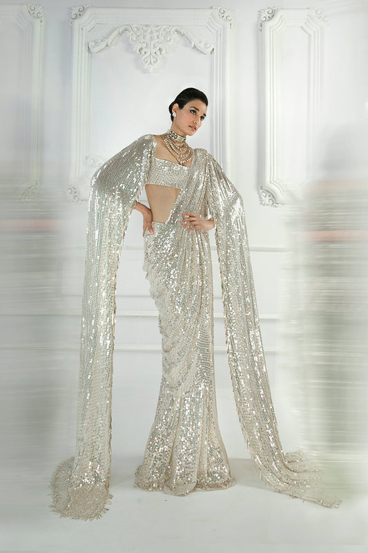 Ivory Sequin Draped Saree Set