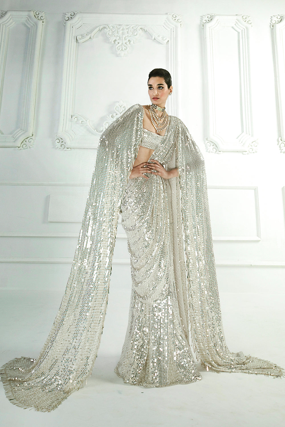 Ivory Sequin Draped Saree Set