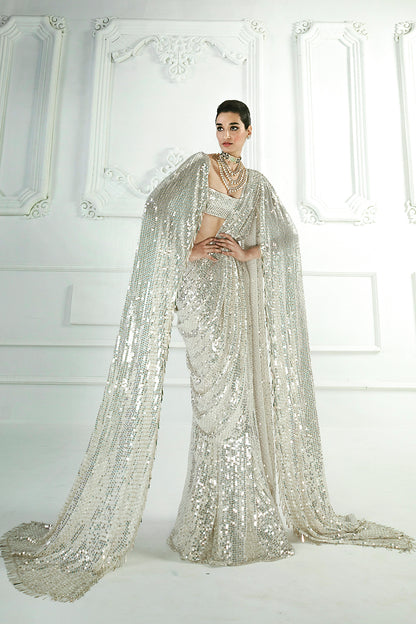 Ivory Sequin Draped Saree Set