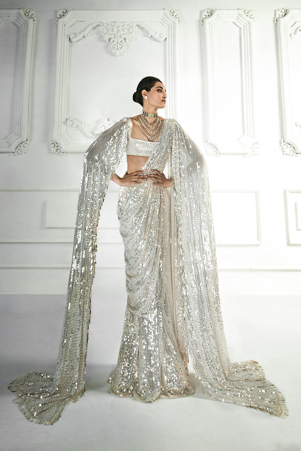 Ivory Sequin Draped Saree Set