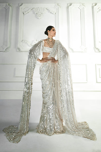 Ivory Sequin Draped Saree Set