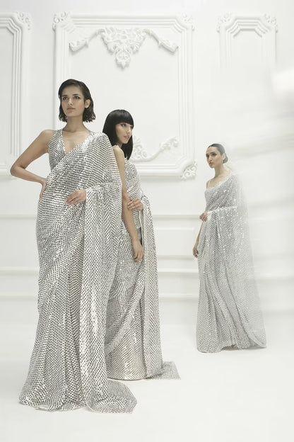 Ivory Chiffon Polka Dot Sequin Saree Set