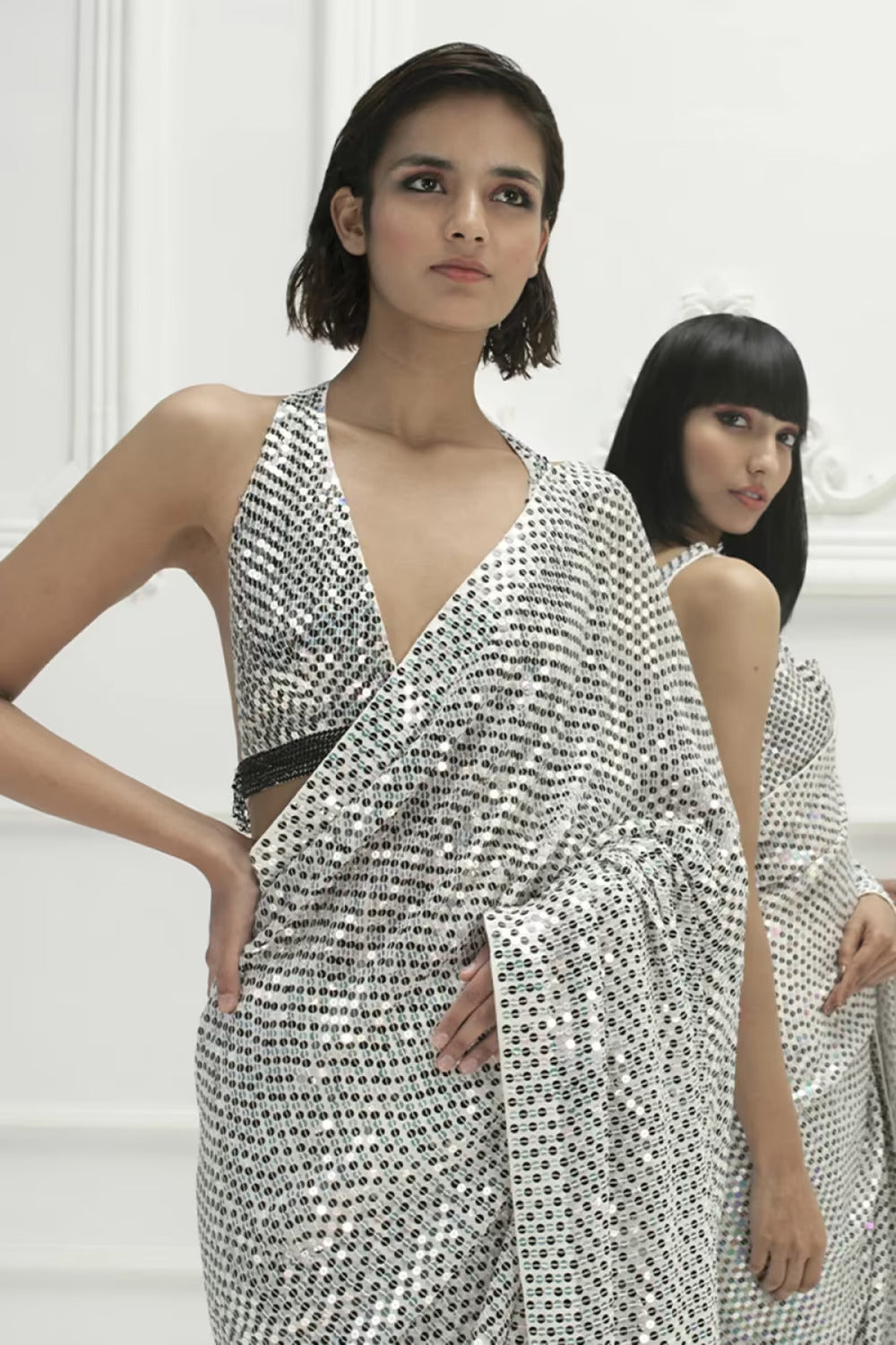 Ivory Chiffon Polka Dot Sequin Saree Set