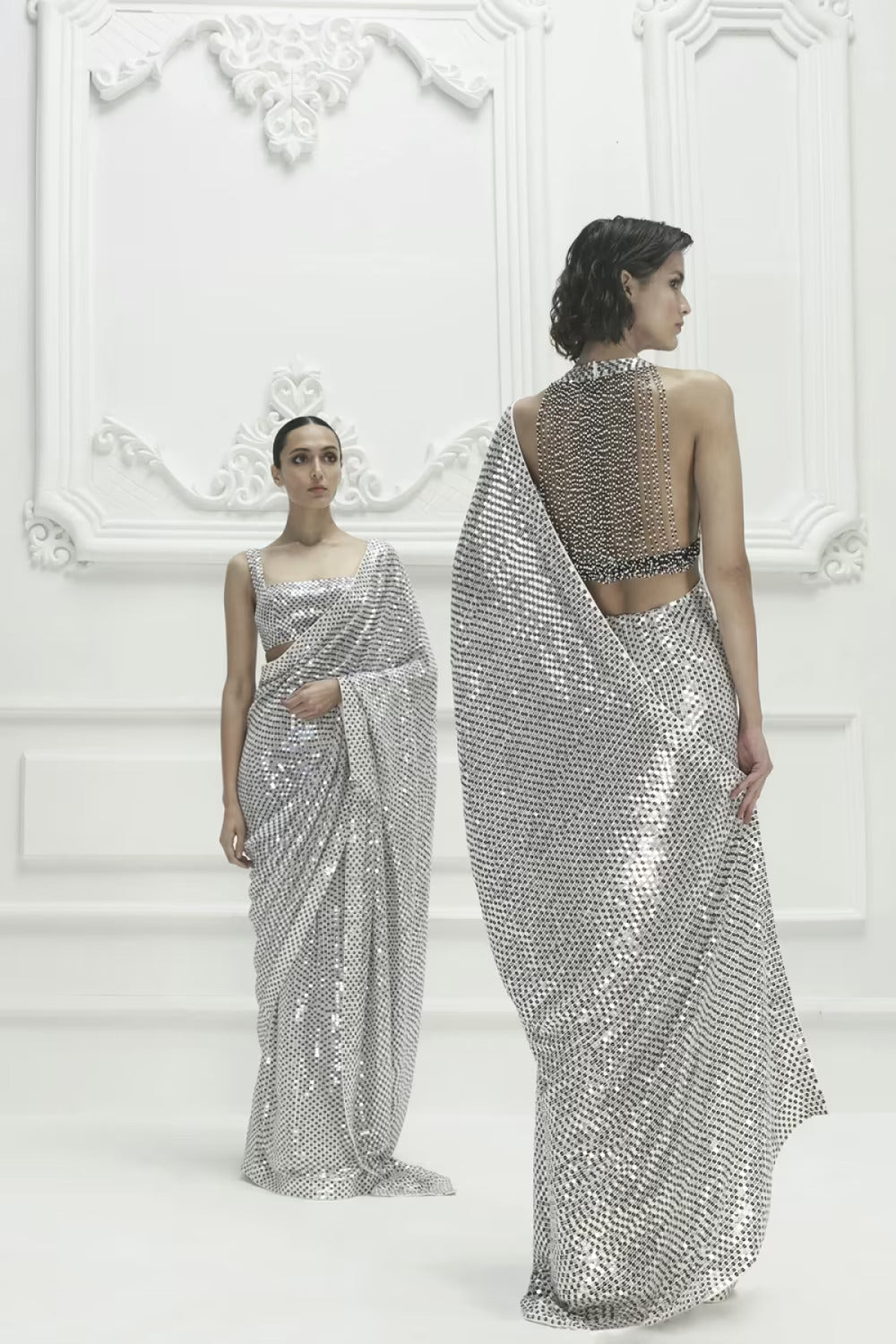 Ivory Chiffon Polka Dot Sequin Saree Set