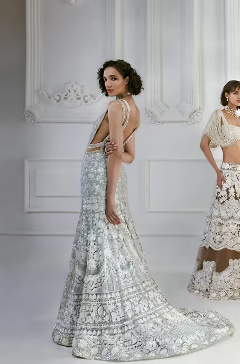 Aqua with Ivory Kashmiri Embroidered Gown