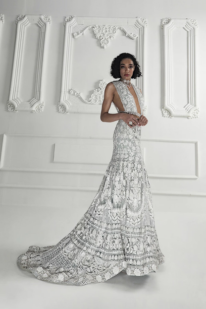 Aqua with Ivory Kashmiri Embroidered Gown