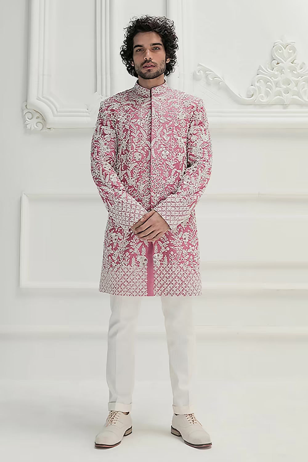 Rose Pink Raw Silk Embroidered Sherwani Set