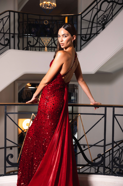Natalie Vertiz in our Deep Red Gown