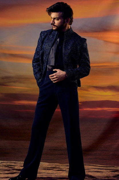 Veer Pahariya in our Navy Blue Embroidered Short Jacket Set