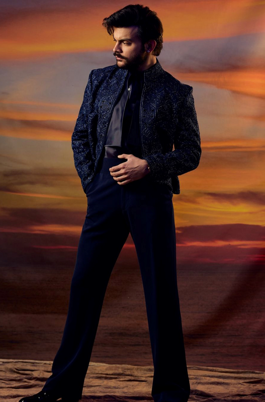 Veer Pahariya in our Navy Blue Embroidered Short Jacket Set