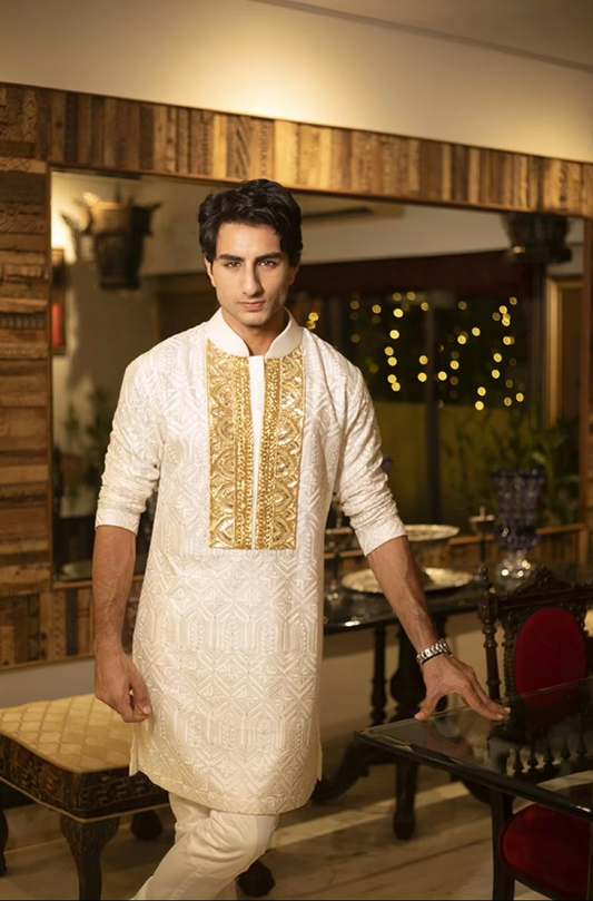 Ibrahim Ali Khan in White Textured Kurta Set