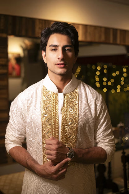 Ibrahim Ali Khan in White Textured Kurta Set
