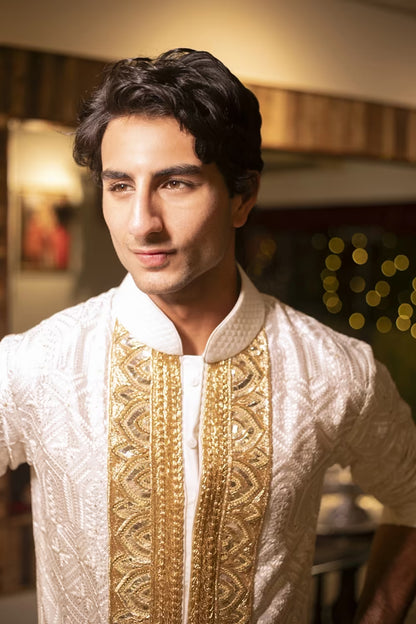 Ibrahim Ali Khan in White Textured Kurta Set