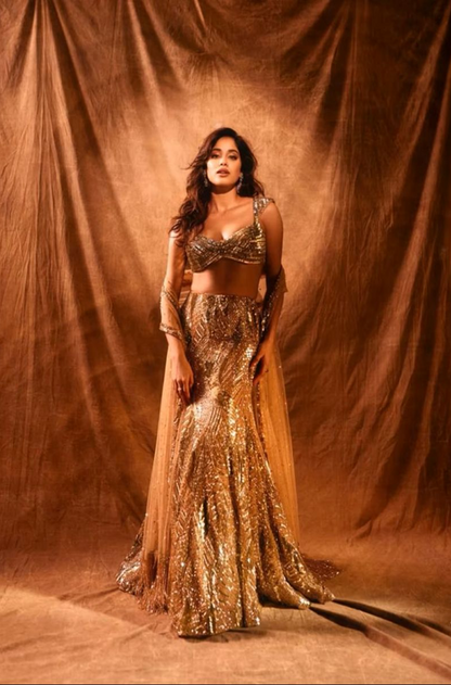 Janhvi Kapoor in Gold Sequin Embellished Lehenga Set