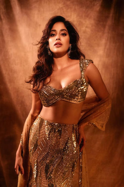 Janhvi Kapoor in Gold Sequin Embellished Lehenga Set