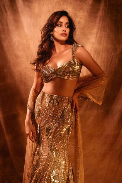 Janhvi Kapoor in Gold Sequin Embellished Lehenga Set