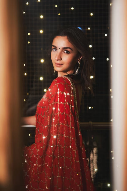 Alia Bhatt in Crimson Red Lehenga Set