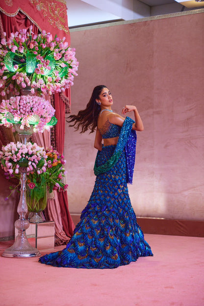 Janhvi Kapoor in our Blue 3D Feather Peacock Lehenga Set