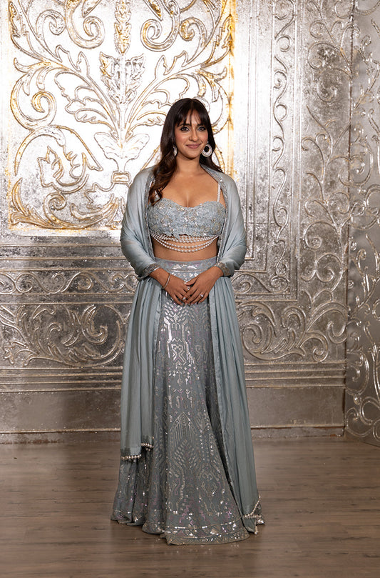 Akansha Ranjan in our Ice Blue Aztec & Floral Skirt Set