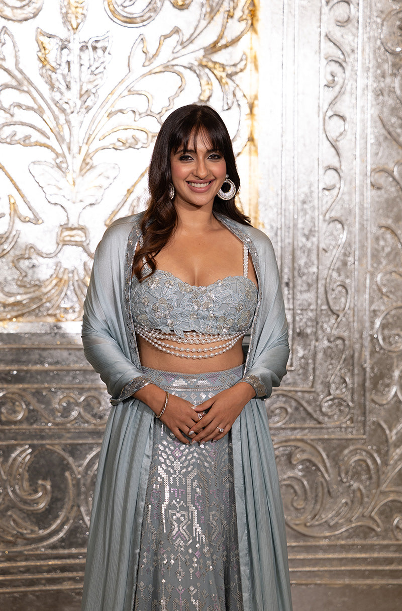 Akansha Ranjan in our Ice Blue Aztec & Floral Skirt Set