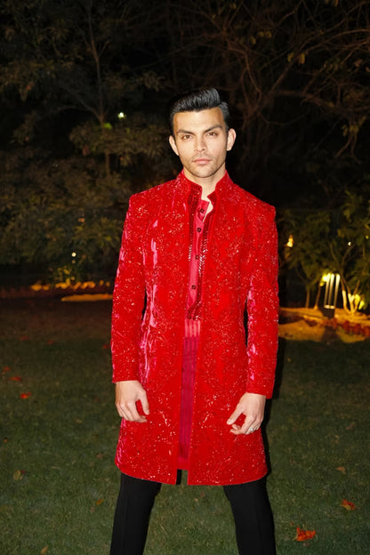 Veer Pahariya in our Red Embroidered Sherwani Set