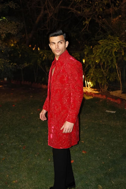 Veer Pahariya in our Red Embroidered Sherwani Set
