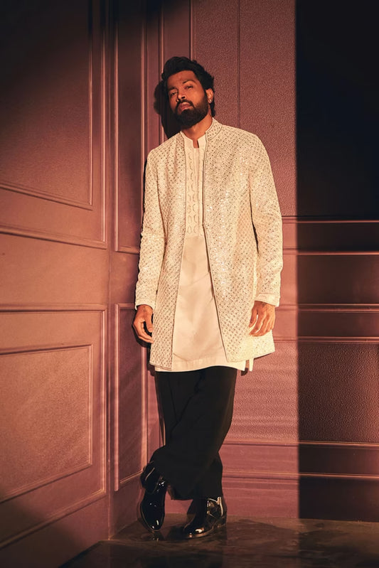 Hardik Pandya in our Ivory Embellished Sherwani Set