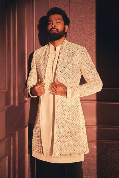 Hardik Pandya in our Ivory Embellished Sherwani Set