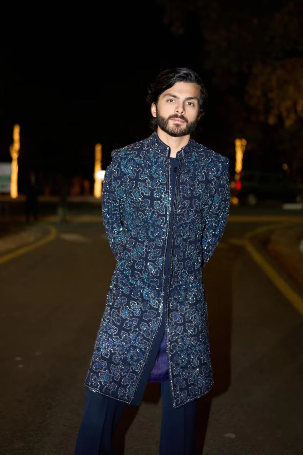 Shikhar Pahariya in our Navy Blue Embroidered Sherwani Set
