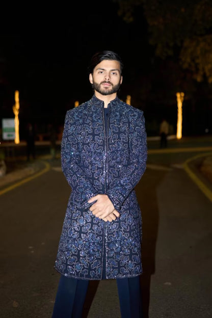 Shikhar Pahariya in our Navy Blue Embroidered Sherwani Set