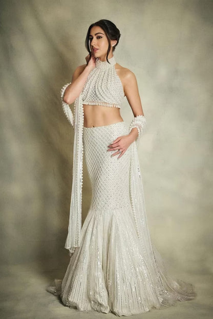 Sara Ali Khan in our Ivory Pearl Embellished Skirt Set